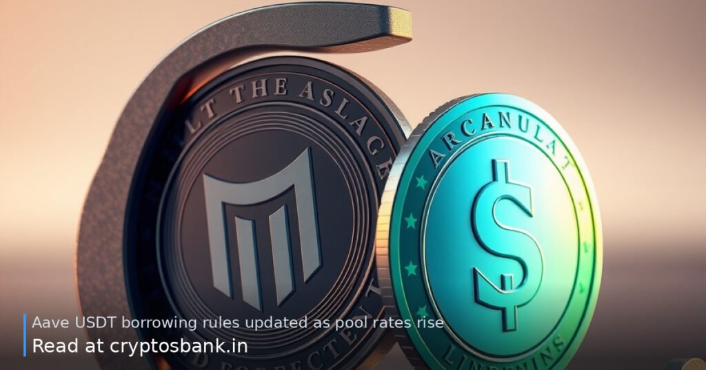 An illustration of Aave and USDT coins compressed by a mechanical vice, representing stricter borrowing rules.