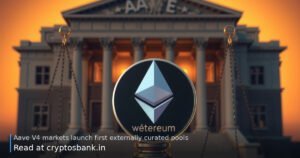Ethereum crystal and a Sentora coin on scales of justice before a classical building.