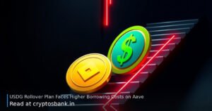Coins sliding down a dark staircase with red falling light trails, illustrating rising borrowing costs for a rollover p…