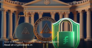 Aave V3.8 security proposal concept with a coin on scales of justice and a security shield.
