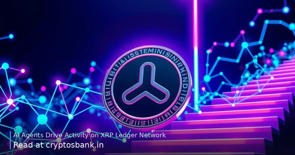 AI agents driving transaction volume on the XRP Ledger, shown as glowing neural circuits and a coin climbing a glowing…