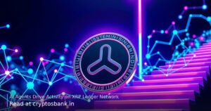 AI agents driving transaction volume on the XRP Ledger, shown as glowing neural circuits and a coin climbing a glowing…