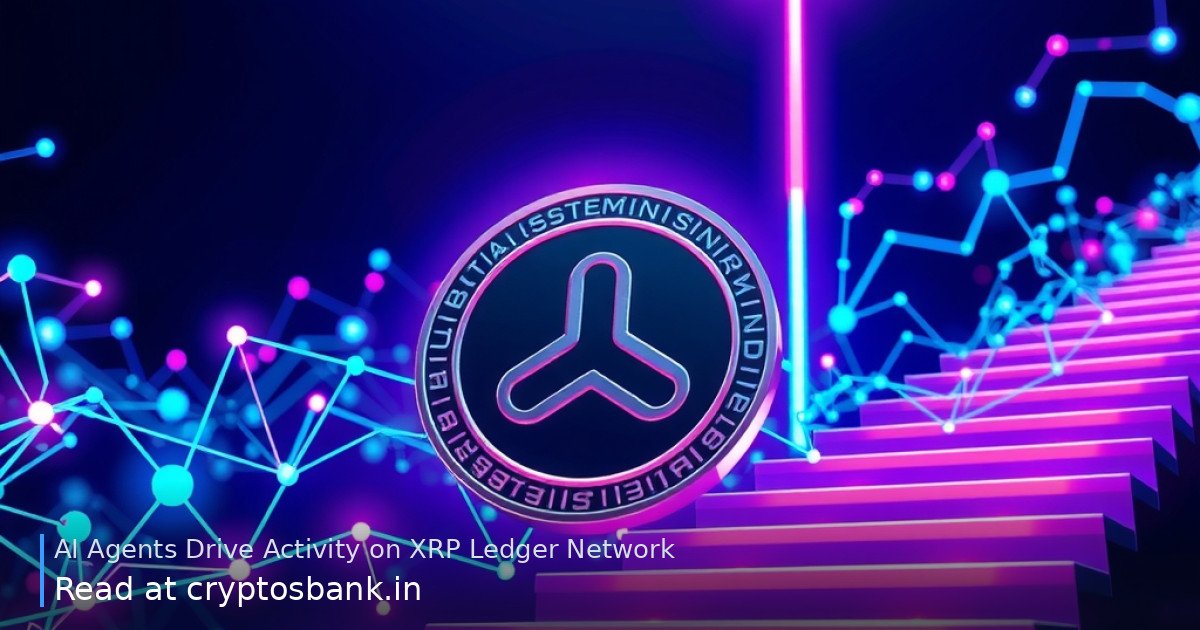 AI agents driving transaction volume on the XRP Ledger, shown as glowing neural circuits and a coin climbing a glowing…