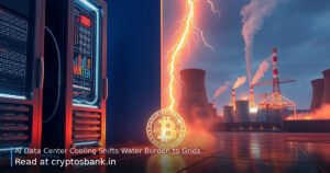 Illustration showing a cool AI server rack sending electrical load to a dry, overheating power plant.