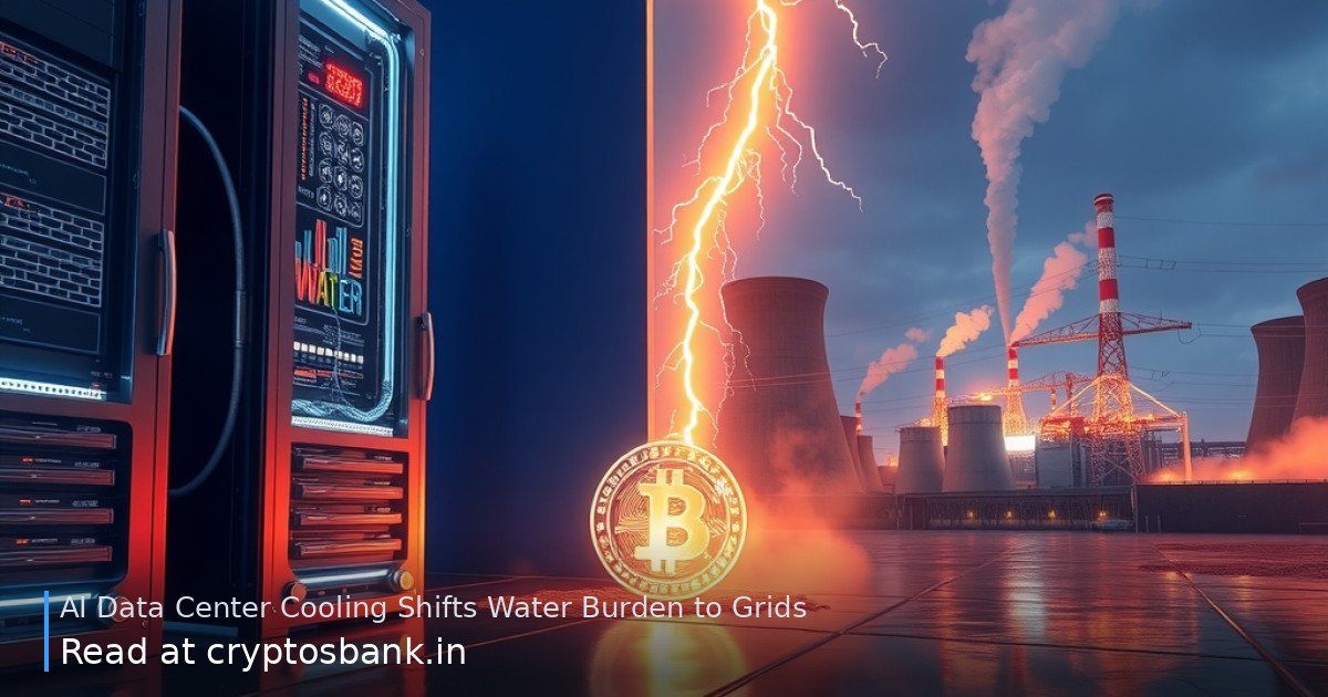 Illustration showing a cool AI server rack sending electrical load to a dry, overheating power plant.