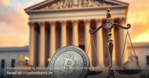 Conversational AI policy discussed by tech giants and US officials near the scales of justice.