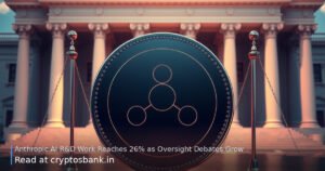AI R&D coin on scales of justice before a government building with US flag background.