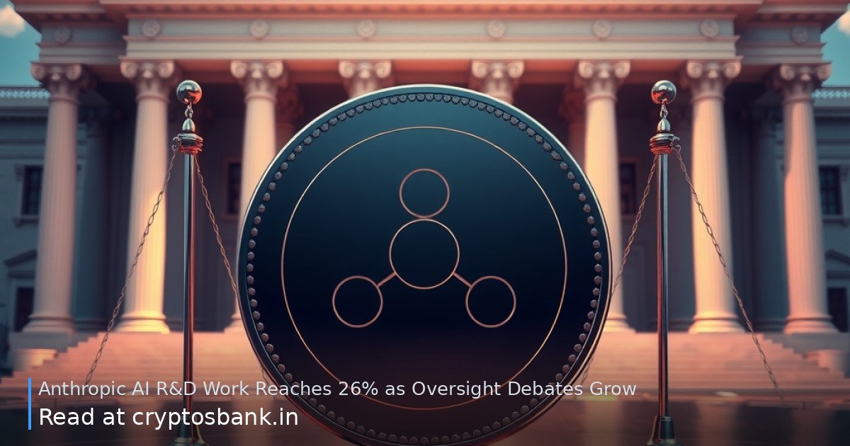 AI R&D coin on scales of justice before a government building with US flag background.