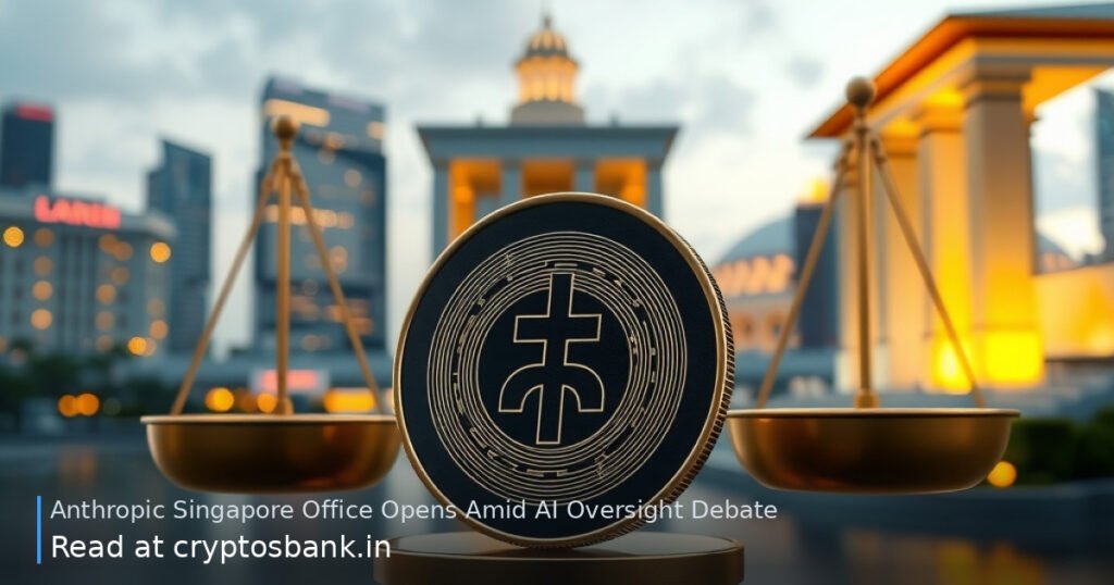 AI oversight coin on scales of justice with Singapore skyline in background.