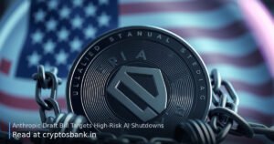 An abstract crypto coin bound in chains representing a proposed AI model shutdown bill in the US.