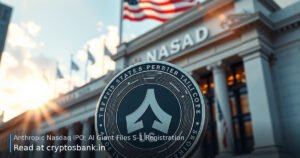 An illustration of a token coin in front of the Nasdaq building with the US flag in the background.