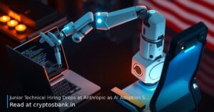 A glowing robotic arm works on a futuristic laptop next to an empty tech worker desk, symbolizing AI automation.