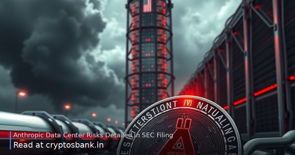 Anthropic AI data center risks illustrated with a crypto coin, chained gas pipeline, and US flag.