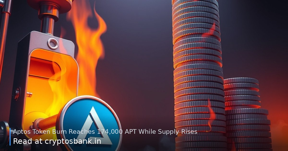 Aptos coins burning in a furnace beside a growing stack of tokens.