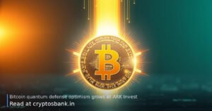 A golden Bitcoin coin protected by a glowing digital shield against quantum code under warm light.