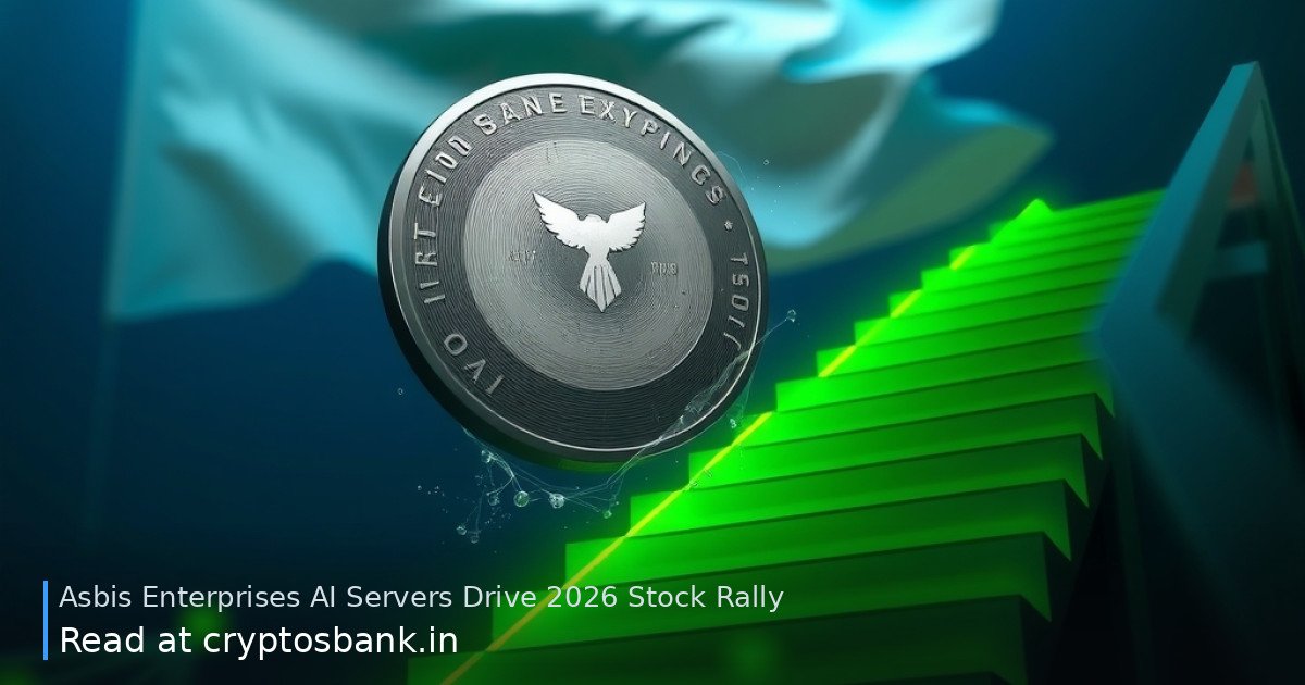 Asbis Enterprises coin climbing a glowing green staircase representing AI growth, with the Cyprus flag.