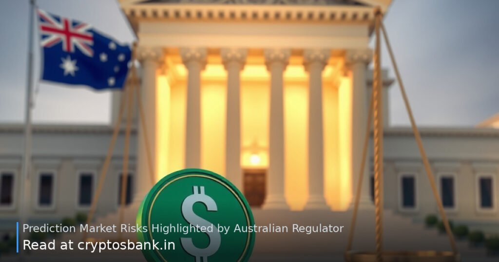 Crypto coins on scales of justice before a government building with the Australian flag.