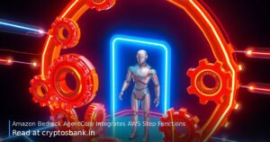 Glowing orange state machine gears connect through a laser-lit gateway to a futuristic AI agent silhouette.