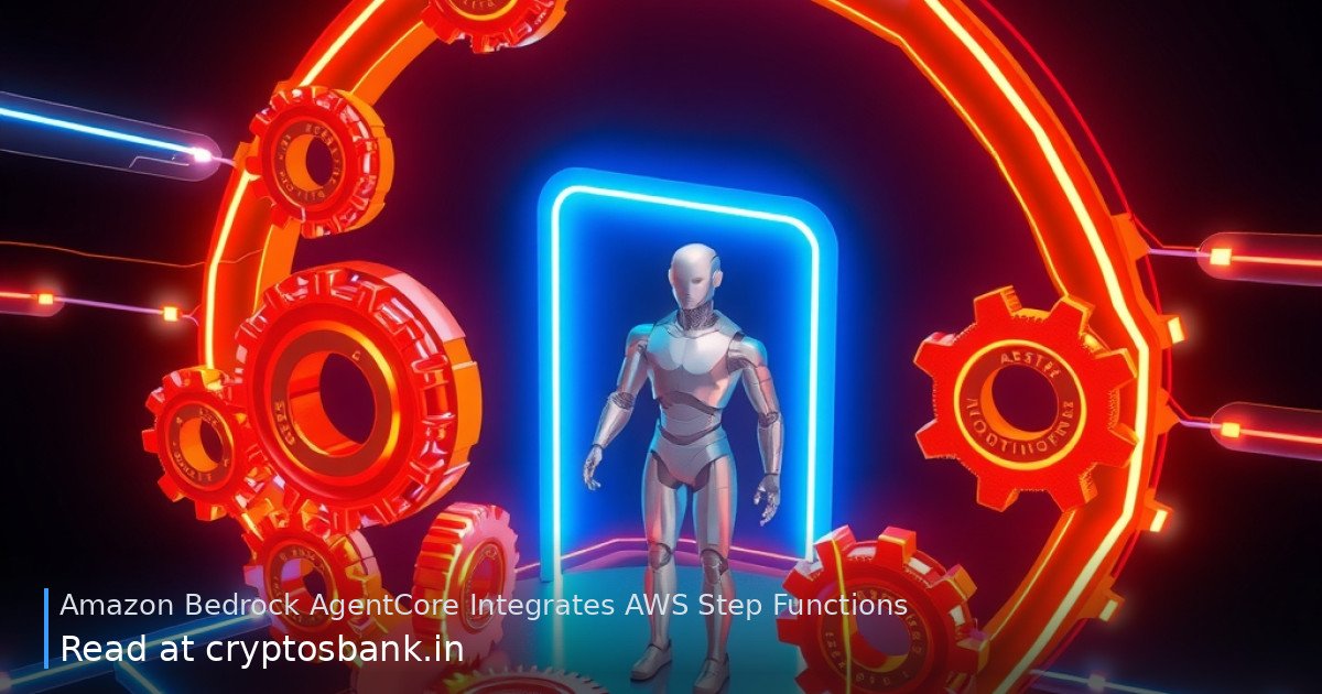 Glowing orange state machine gears connect through a laser-lit gateway to a futuristic AI agent silhouette.
