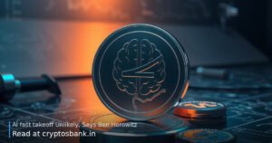 Illustration of an abstract crypto coin next to a partially built glowing robotic brain and a pause symbol.