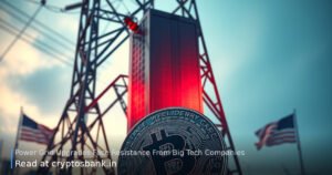 Data servers straining a US power grid tower next to a tech token symbol.