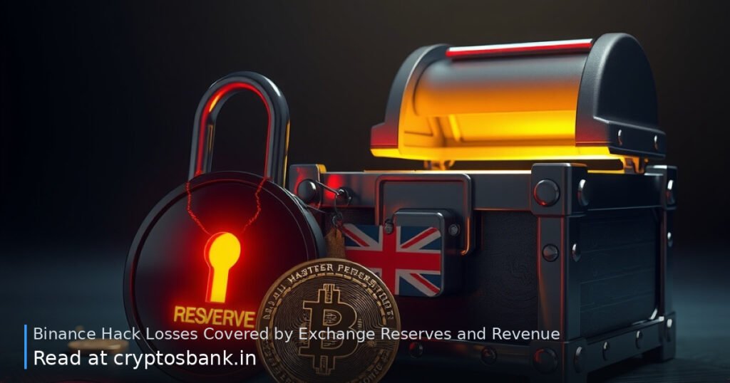 An illustration of a cryptocurrency coin near a cracked padlock and a glowing golden reserve chest.