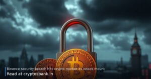 A golden Bitcoin coin beside a cracked padlock and shattered glass under red warning light against a dark city skyline.