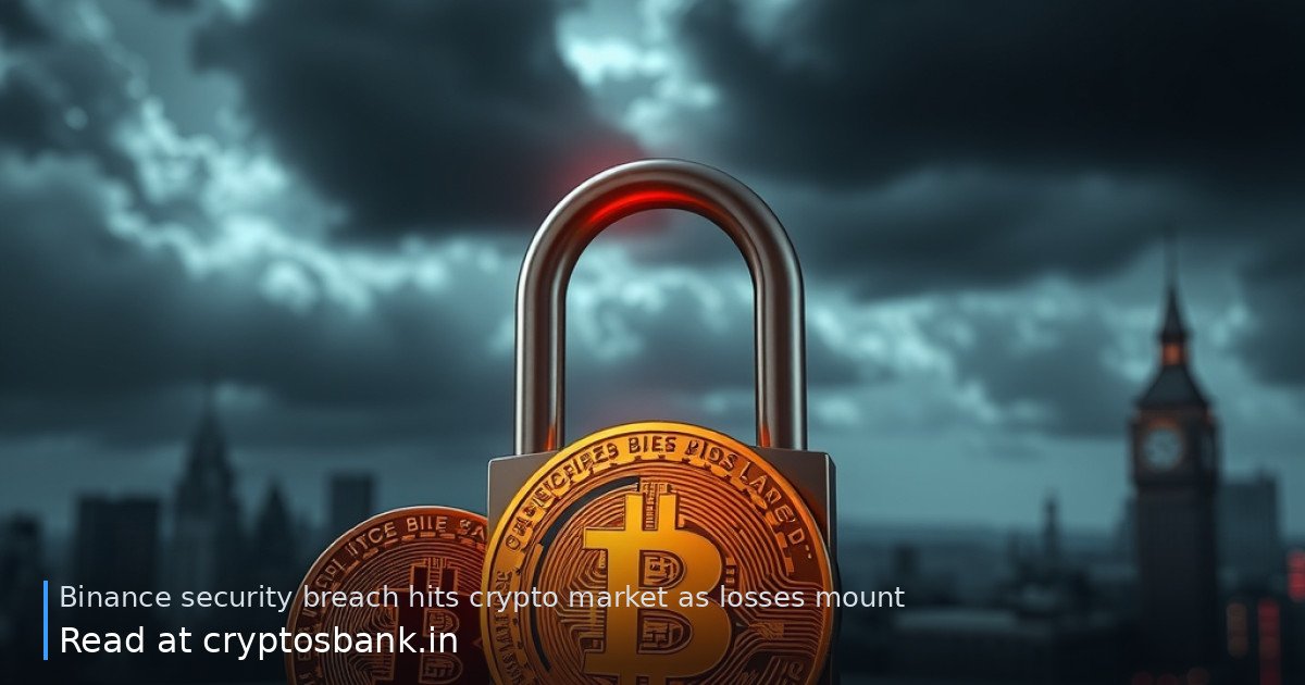 A golden Bitcoin coin beside a cracked padlock and shattered glass under red warning light against a dark city skyline.