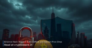 A cracked padlock and shattered glass beside a Bitcoin coin against a dark skyline.
