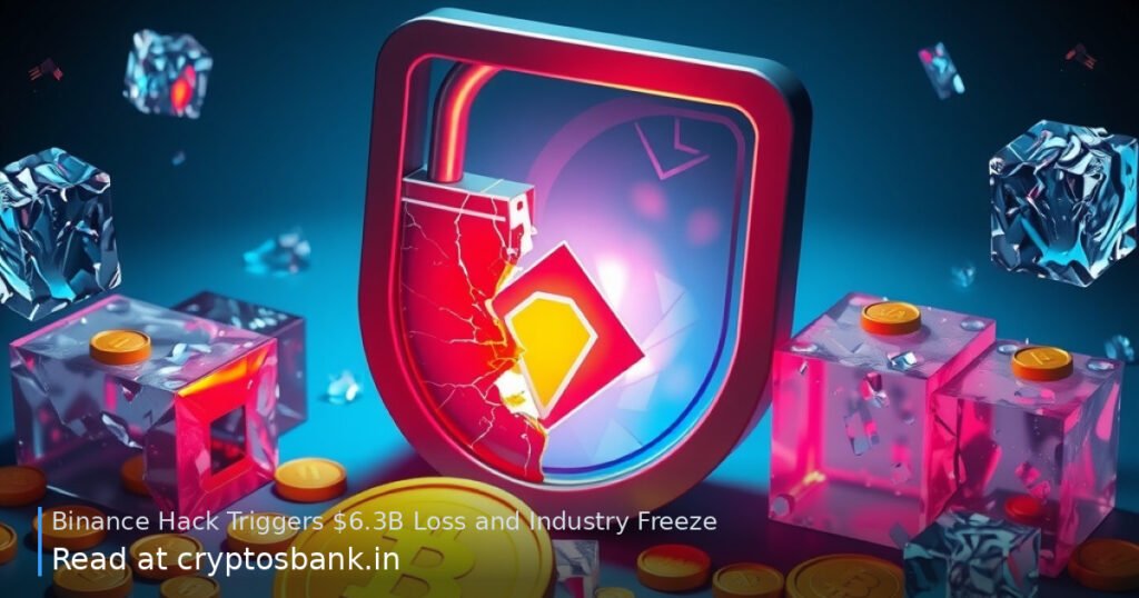 A cracked padlock next to a yellow crypto coin, with red alarm lights and ice freezing half of the scattered tokens.