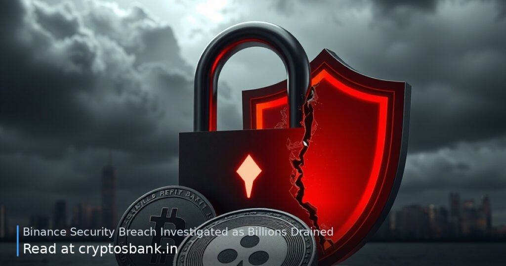 A dark silver coin beside a cracked padlock and shattered glass under red warning lights against a dark skyline.