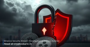 A dark silver coin beside a cracked padlock and shattered glass under red warning lights against a dark skyline.