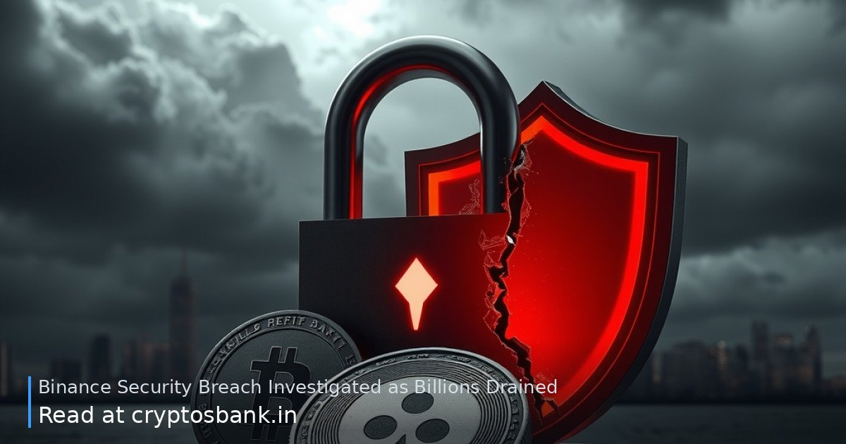 A dark silver coin beside a cracked padlock and shattered glass under red warning lights against a dark skyline.