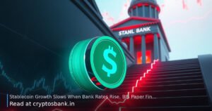 A dollar stablecoin coin pulled down by a heavy bank building anchor, representing slowed growth.