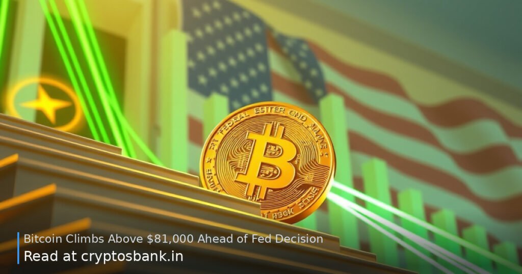 A gold Bitcoin coin climbing a glowing green staircase against a US flag background.