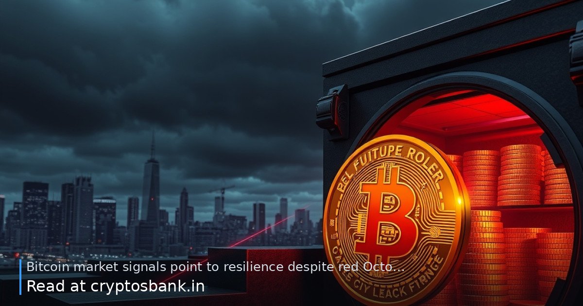 Bitcoin coin sliding down red stairs next to a glass vault with coins against a dark skyline.