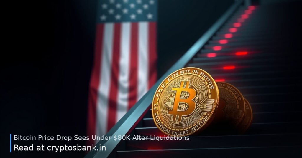 A gold Bitcoin sliding down a dark staircase with red light trails and a US flag background.