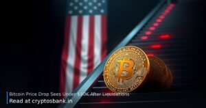 A gold Bitcoin sliding down a dark staircase with red light trails and a US flag background.
