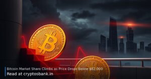 Bitcoin coin sliding down a dark staircase against a cloudy city skyline at night.