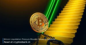 A gold Bitcoin coin climbs a glowing green staircase above broken chains, symbolizing market recovery.