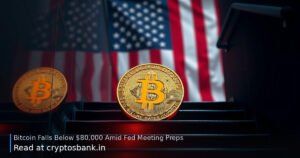 Bitcoin coin sliding down a dark staircase with red light trails and US flag reflection.