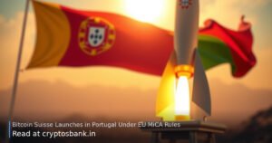 A gold Bitcoin coin and a launching rocket against the Portuguese flag.