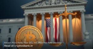 Bitcoin coin resting beside scales of justice with a US government building and flag in the background.