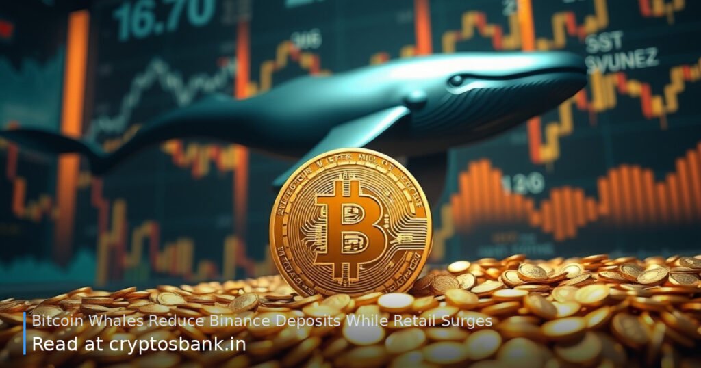 A golden Bitcoin and a wave of coins facing a large metallic whale, representing retail inflows and whale hesitation.