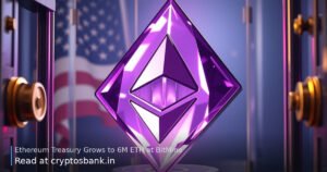 A glowing Ethereum crystal inside a glass vault with the US flag in the background.