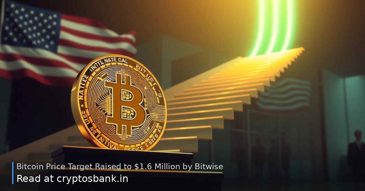 A gold Bitcoin coin climbing a glowing green staircase toward a bright light, with an American flag reflected in the ba…