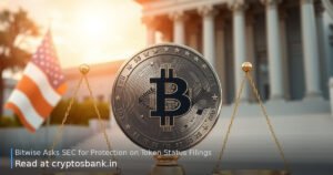 A crypto coin on the scales of justice before a government building with the US flag.