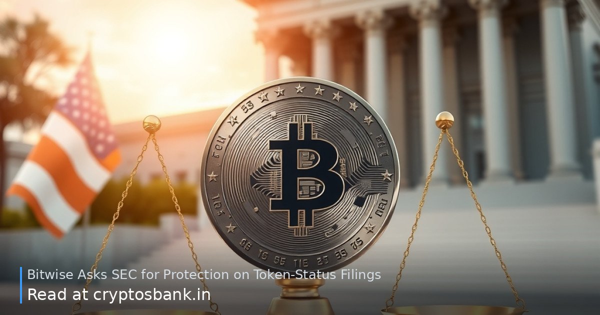 A crypto coin on the scales of justice before a government building with the US flag.