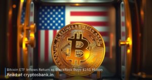 Gold Bitcoin coin inside a glass bank vault with a US flag reflection.
