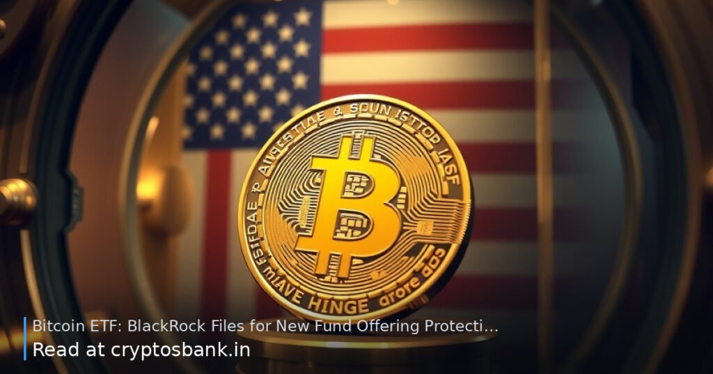 A gold Bitcoin coin inside a glass bank vault with the US flag softly reflected in the background.